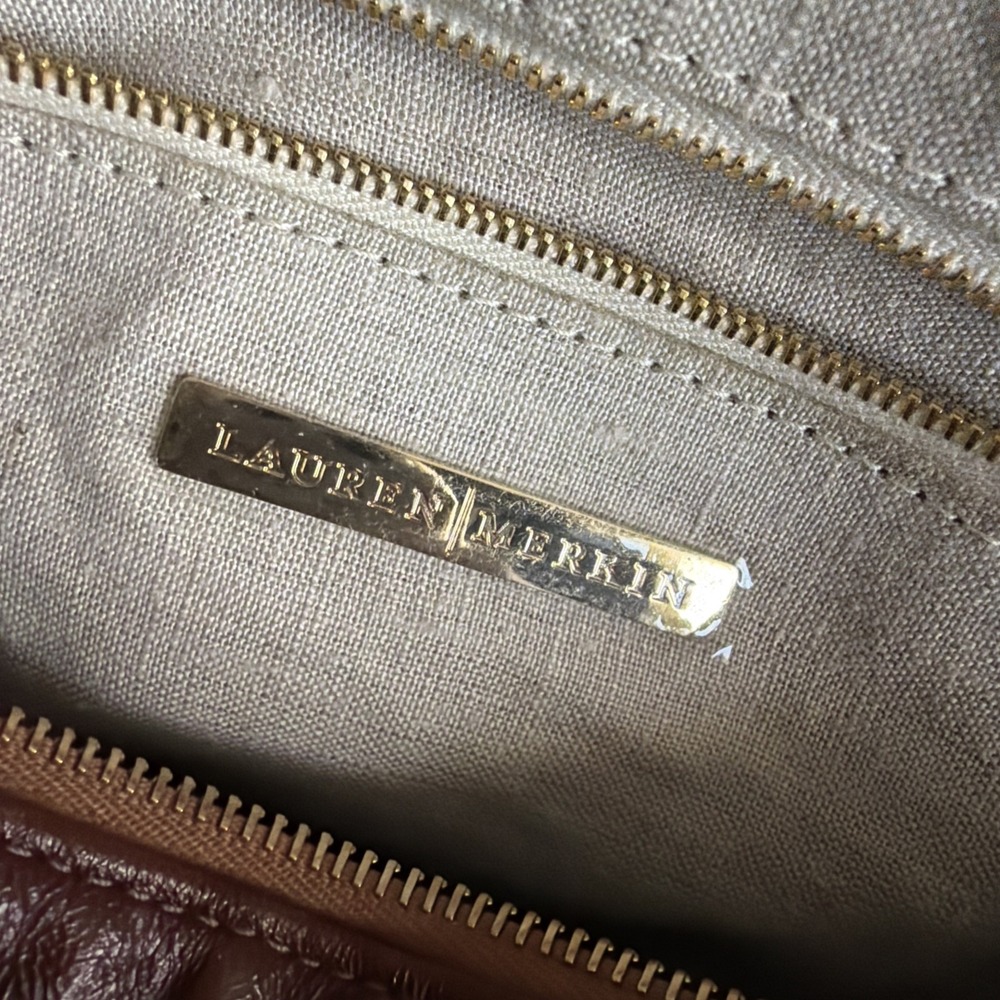 Y2K Lauren Merkin Brown Leather Satchel Duffel Top Handle Shoulder Bag Purse - Picture 9 of 16